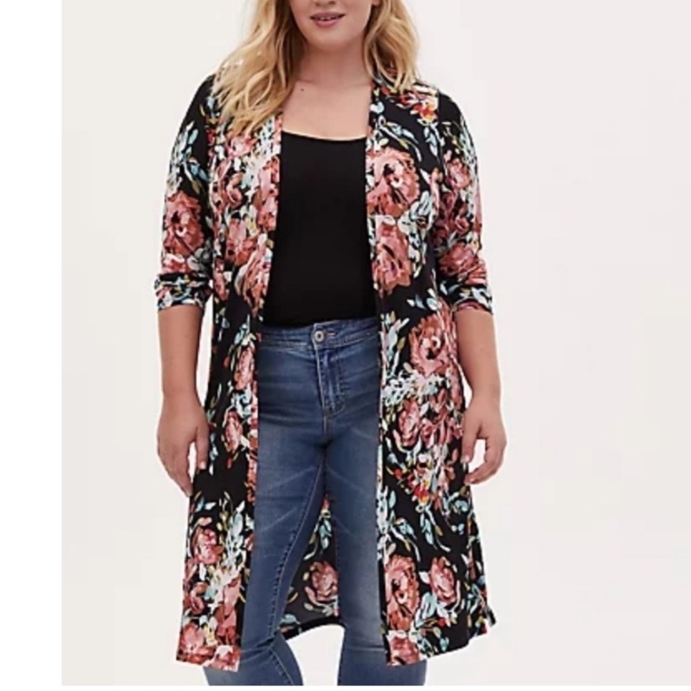 Torrid Floral Duster Cardigan Black Pink Longline Open Front Kimono Plus Size 4